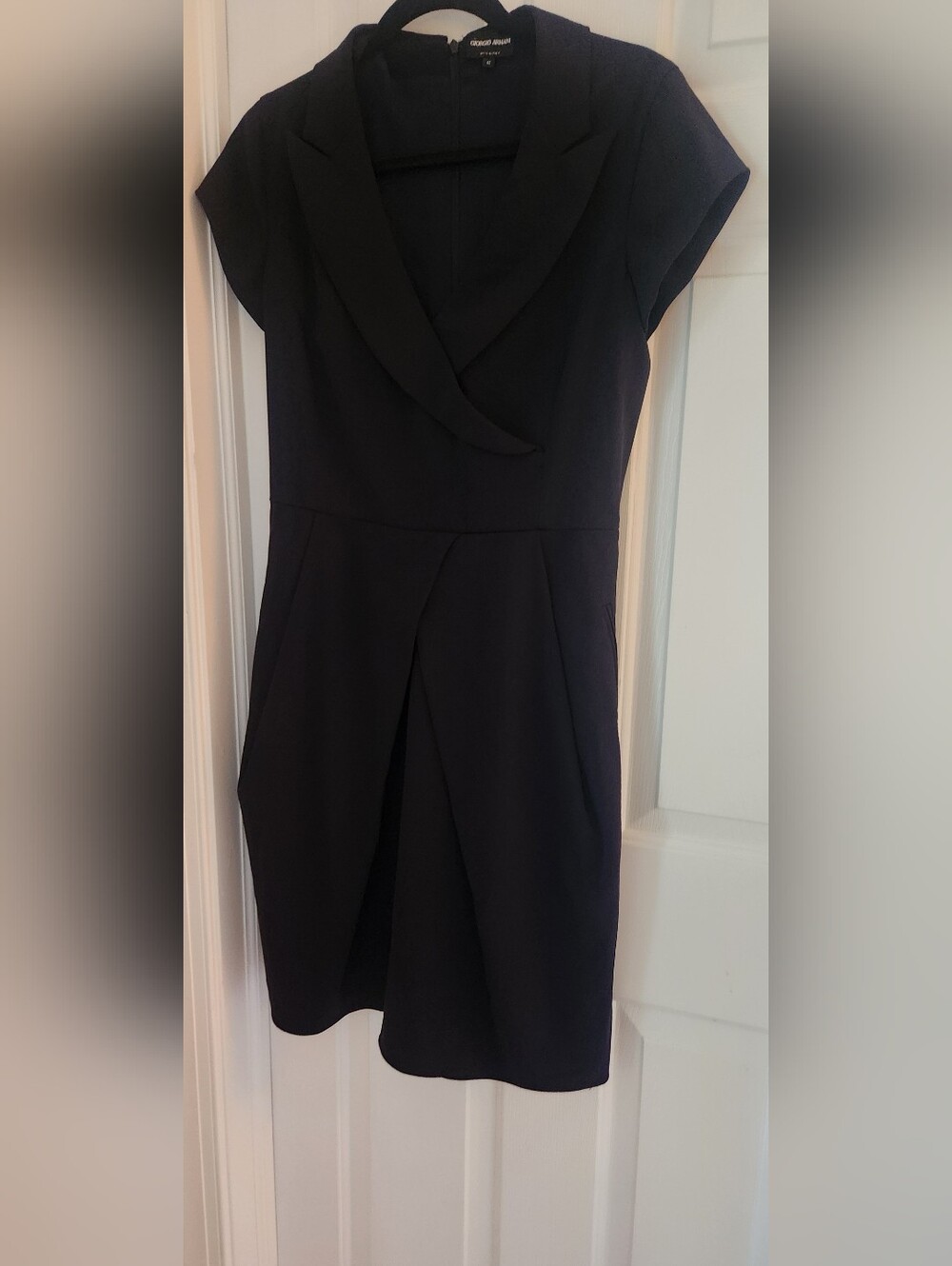 Giorgio Armani Black Midi Sheath Dress with Pleated Front